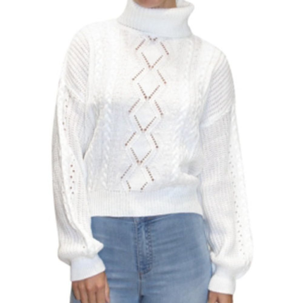 JR374 Crave Fame Ivory Juniors' Cable-Knit Turtleneck Sweater Size S